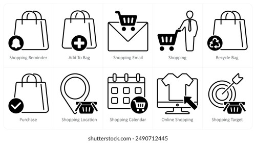 Un conjunto de 10 iconos de compras como recordatorio de compras, añadir a la bolsa, correo electrónico de compras