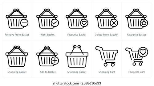 A set of 10 shopping icons as remove from basket, right basket, favorite basket