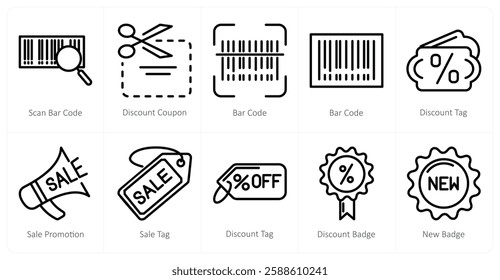 A set of 10 shopping icons as scan bar code, discount coupon, bar code