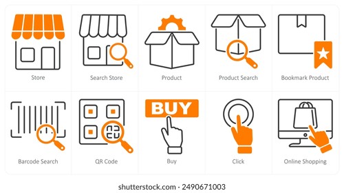 A set of 10 shopping icons as store, search store, product