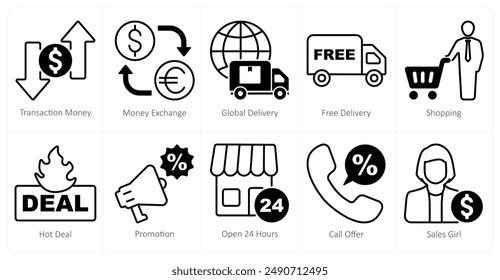 A set of 10 shopping icons as transaction money, money exchange, global delivery
