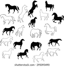 Set of 10 silhouettes and outlines of horses. Horses run, stand- collection of vector drawings.