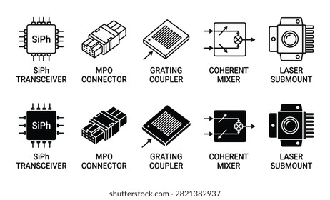 Set of 10 silicon photonics icons featuring SiPh transceiver, MPO connector, grating coupler, and laser submount vectors