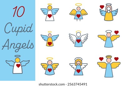 Set of 10 simple Valentine's Day Angel Cupid icons.