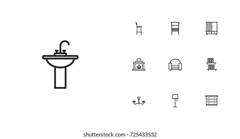 Set Of 10 Situation Outline Icons Set.Collection Of Sofa, Chandelier, Bar Stool Elements.