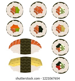 Set of 10 slices sushi rolls and nigeri, traditional asian food. Classic recipes for restaurant menu, delivery websites.