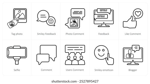 A set of 10 social icons as tag photo, smiley feedback, photo comment