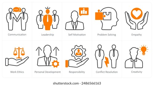 A set of 10 soft skills icons as communication, leadership, self motivation