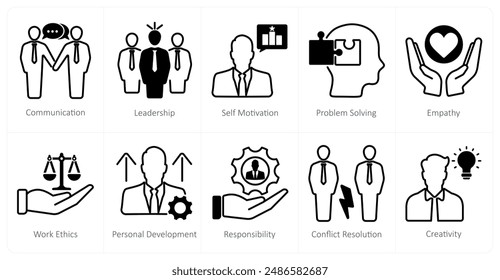 A set of 10 soft skills icons as communication, leadership, self motivation