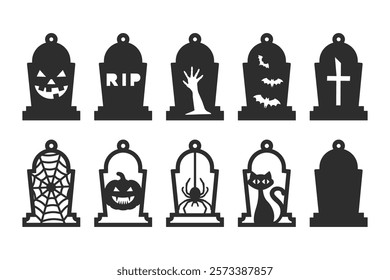 Set of 10 spooky Halloween designs with tomb shape of earrings, pendant or keychain. Jewelry silhouette cut template. Laser cutting with leather, wood or metal. Vector stencils