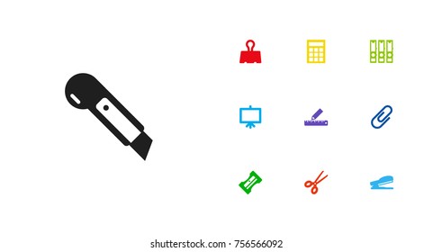 Set Of 10 Stationery Icons Set.Collection Of Clip, Binder, Paper  Clamp And Other Elements.