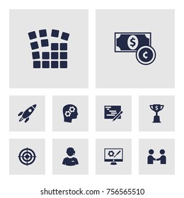 Set Of 10 Strategy Icons Set.Collection Of Thinking Head, Repair Service, Rocket And Other Elements.