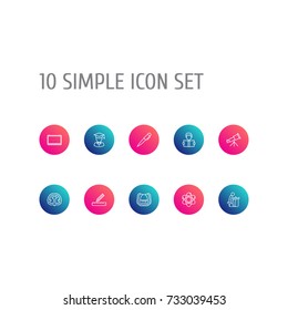 Set Of 10 Studies Outline Icons Set.Collection Of School Board, Ruler, Atom And Other Elements.