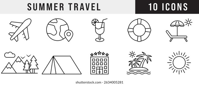 Set of 10 summer travel outline icons including airplane, globe, drink, lifebuoy, beach, tent, hotel, island, and sun, in black and white style for vacation, tourism, and holiday design themes