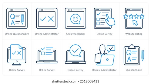 Un conjunto de 10 íconos de Encuesta y calificaciones como cuestionario en línea, administrador en línea, Comentarios sonriente