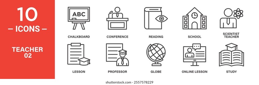 Set of 10 Teacher and Education Icons in Minimal Line Style