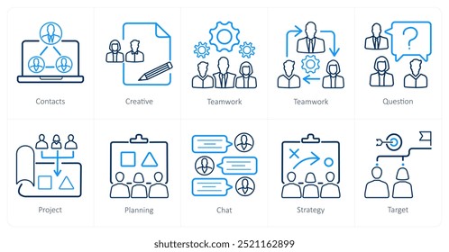 Un conjunto de 10 iconos de trabajo en equipo como contactos, creativos, trabajo en equipo