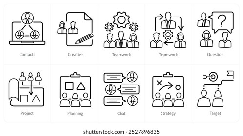 A set of 10 Teamwork icons as contacts, creative, teamwork