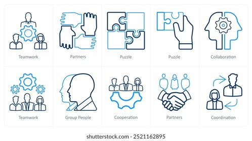 Um conjunto de 10 ícones de trabalho em equipe como trabalho em equipe, parceiros, quebra-cabeça