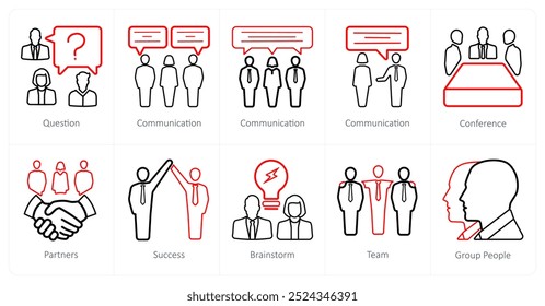 Um conjunto de 10 ícones de trabalho em equipe como pergunta, comunicação, conferência