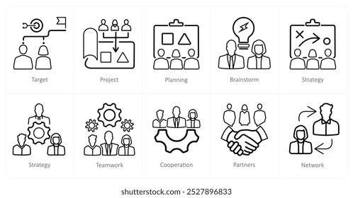 Un conjunto de 10 iconos de trabajo en equipo como objetivo, proyecto, planificación, lluvia de ideas