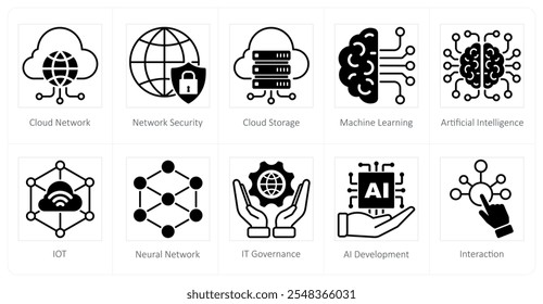 A set of 10 technology icons as cloud network, network security, cloud storage