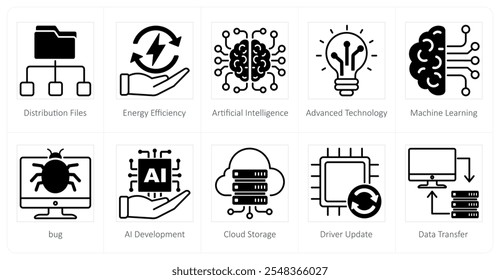 Um conjunto de 10 ícones de tecnologia como arquivos de distribuição, eficiência no uso de energia