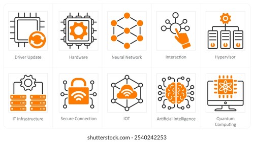 Um conjunto de 10 ícones de tecnologia como atualização de driver, hardware, rede neural