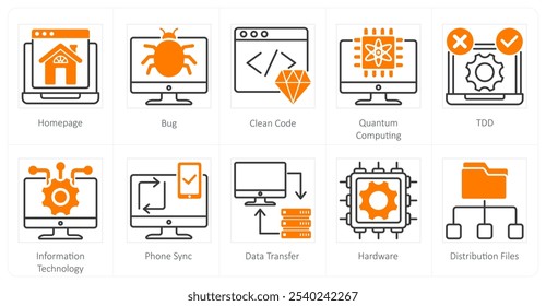 A set of 10 technology icons as homepage, bug, clean code