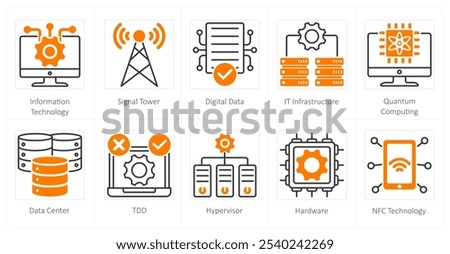 A set of 10 technology icons as information technology, signal tower, digital data