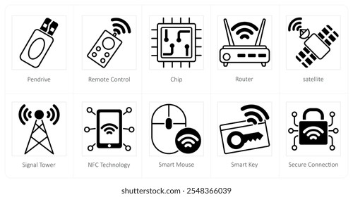 Um conjunto de 10 ícones de tecnologia como pen drive, controle remoto, chip