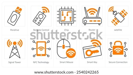 A set of 10 technology icons as pen drive, remote control, chip