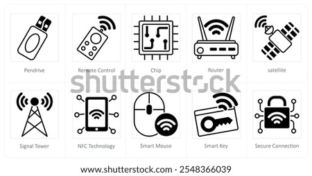 A set of 10 technology icons as pen drive, remote control, chip