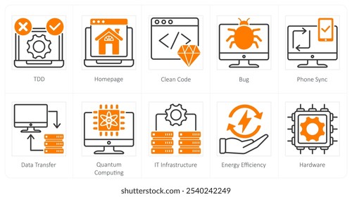 Um conjunto de 10 ícones de tecnologia como tdd, homepage, código limpo