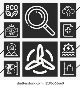 Set of 10 technology outline icons such as hydro power, gps, camera, search, turbine, add button, drill, upload