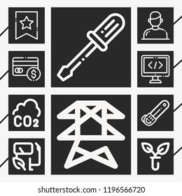 Set of 10 technology outline icons such as biology, chainsaw, save button, screwdriver, biofuel, coding, credit card, user, power line