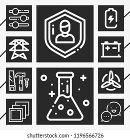Set of 10 technology outline icons such as battery, layers, slider tool, protect, flask, accumulator, turbine, tool, chat