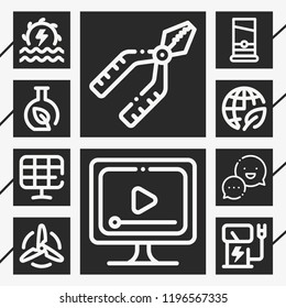 Set of 10 technology outline icons such as guillotine, hydro power, electric tower, ecology, video player, turbine, solar panels, pliers, chemistry