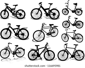 Set of 10 (ten) silhouettes of sport bicycle on a white background