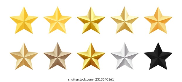 Set of 10 three-dimensional multi-colored stars. Stars for voting and rating. Quality Mark. Highest rank. Decoration Item. Vector, isolated on white background