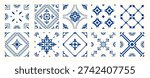 Set of 10 tiles azulejios. Mediterranean tile, blue and white seamless patterns. Spanish, Sicilian, Portuguese, Italian traditional ornaments. Set of floral mosaic designs with ethnic motifs. vector