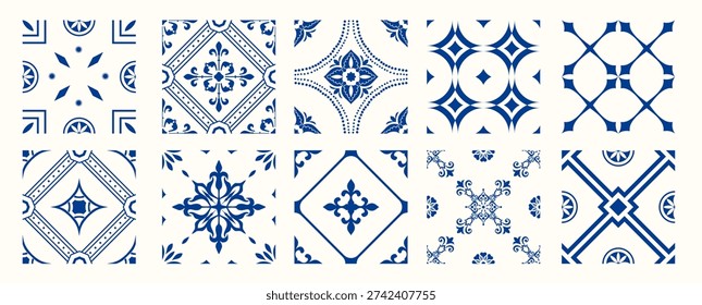 Set of 10 tiles azulejios. Mediterranean tile, blue and white seamless patterns. Spanish, Sicilian, Portuguese, Italian traditional ornaments. Set of floral mosaic designs with ethnic motifs. vector