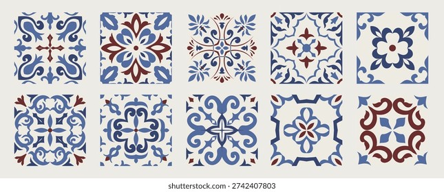 Set of 10 tiles azulejios. Mediterranean tile, blue, brown seamless patterns. Spanish, Sicilian, Portuguese, Italian traditional ornaments. Set of floral mosaic designs with ethnic motifs. vector