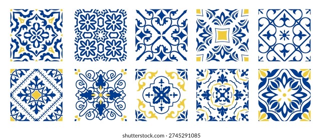 Set of 10 tiles azulejios. Mediterranean tile, blue and white seamless patterns. Spanish, Sicilian, Portuguese, Italian traditional ornaments. Set of floral mosaic designs with ethnic motifs. vector