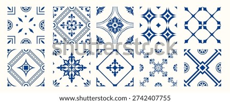 Set of 10 tiles azulejios. Mediterranean tile, blue and white seamless patterns. Spanish, Sicilian, Portuguese, Italian traditional ornaments. Set of floral mosaic designs with ethnic motifs. vector