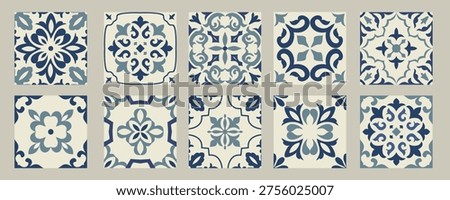 Set of 10 tiles azulejios. Mediterranean tile, blue and beige seamless patterns. Spanish, Sicilian, Portuguese, Italian traditional ornaments. Set of floral mosaic designs with ethnic motifs. vector