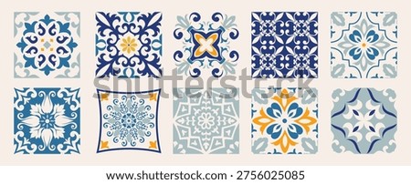 Set of 10 tiles azulejios. Mediterranean tile, colorful seamless patterns. Spanish, Sicilian, Portuguese, Italian traditional ornaments. Set of floral mosaic designs with ethnic motifs. vector
