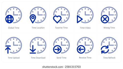 A set of 10 time icons as global time, time location, favorite time