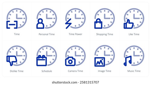 A set of 10 time icons as time, personal time, time power