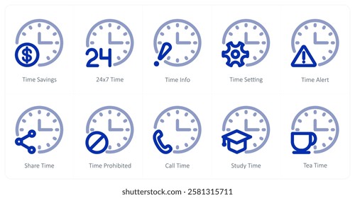 A set of 10 time icons as time savings, 24x7 time, time info